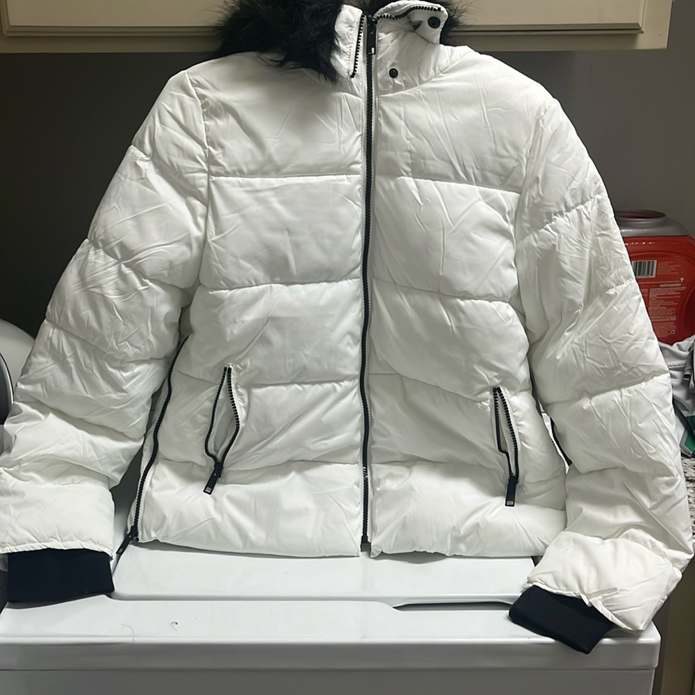 Youth Large White Puffer Coat - Black Faux Fur - Brand New With Tags!